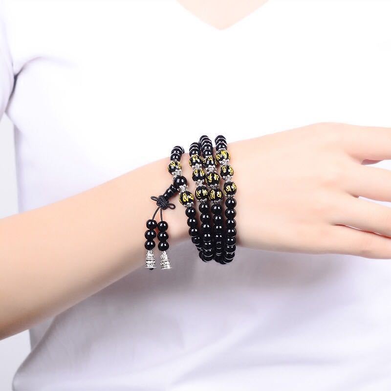 Obsidian synthetic bracelet, 108 Buddhist prayer beads, multi-loop bracelet, six-character mantra, tiger's eye stone, couple accessories for men and women Item Picture