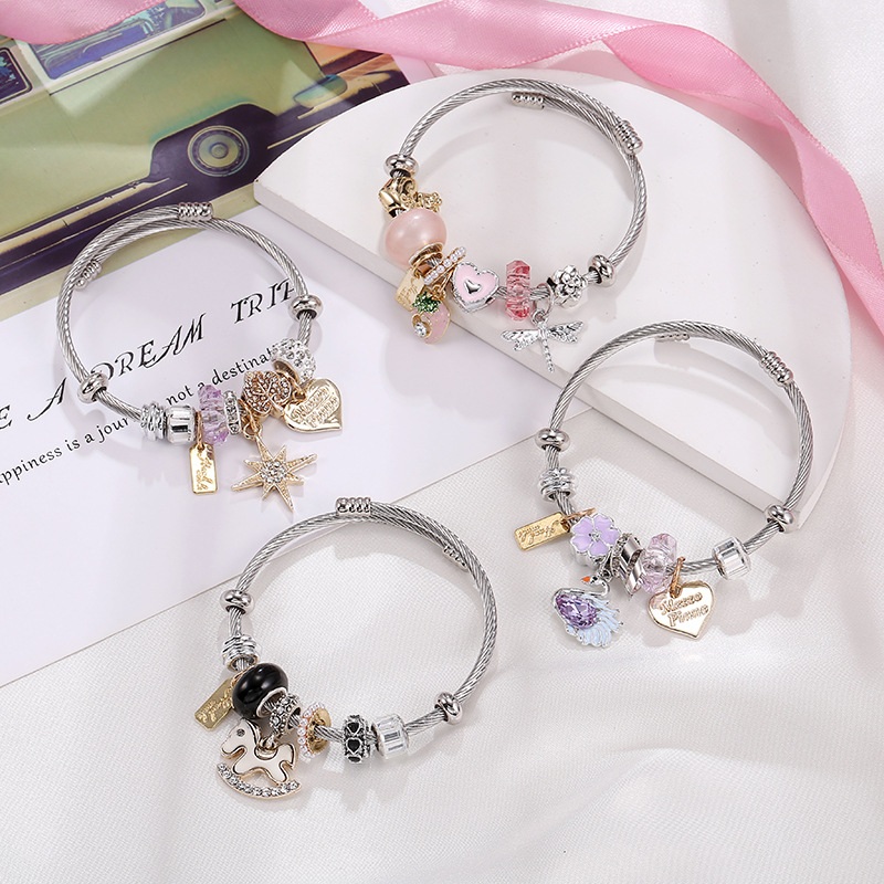 Oly Magic Bracelet 8557 Diy Stainless Steel Titanium Steel Bracelet Gold Octet Star Pink Love Heart Crown Pony Beaded Bracelet Jewelry Wholesale details Picture