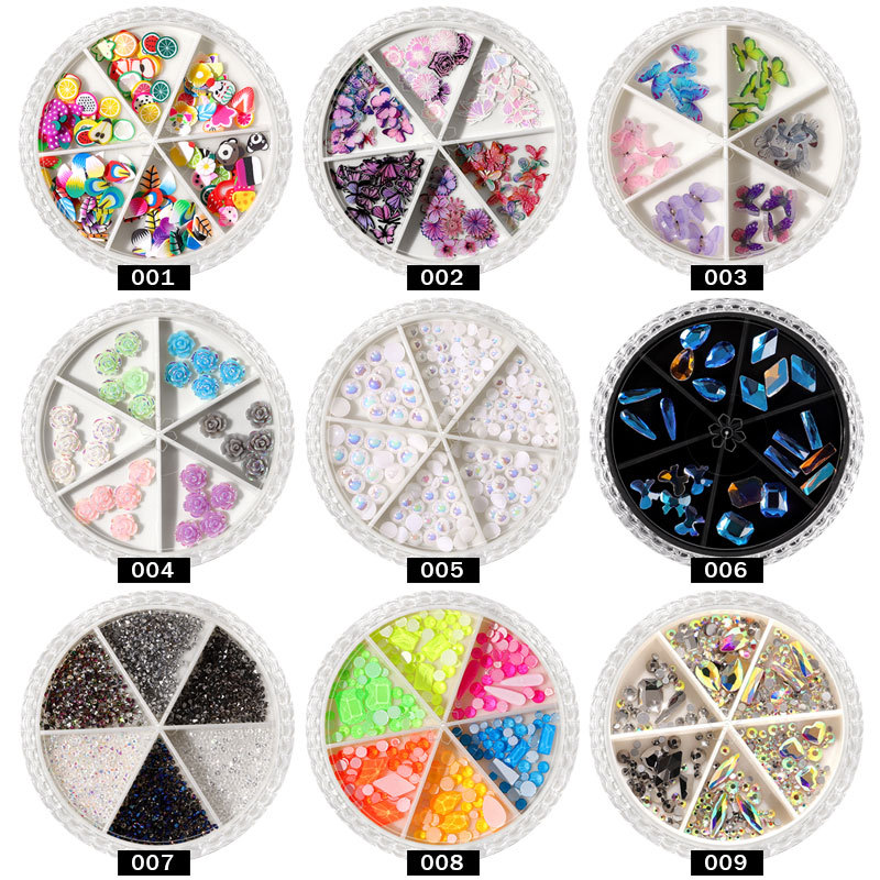 Wholesale of cross-border nail art accessories, AB rhinestones, rivets, butterflies, 6-compartment mixed matching, turntable accessories, mixed matching, sequins Specification drawing
