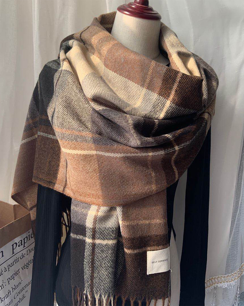 New Imitation Cashmere Vintage British Flow Suplaid Scarf Women's Autumn And Winter Thick Warm Neck Fashion Cape Dual Use details Picture