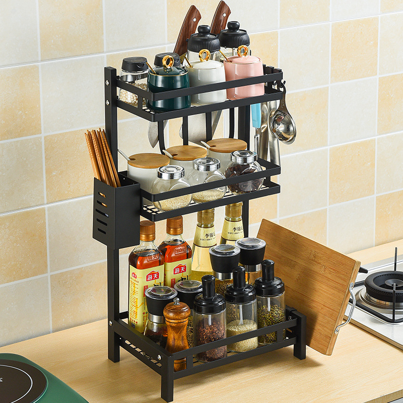 Black kitchen seasoning rack without drilling, knife rack, floor-standing multi-layer storage rack, chopstick holder, cutting board rack Specification image