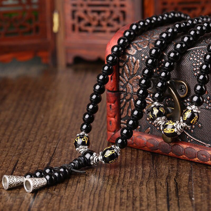 Obsidian synthetic bracelet, 108 Buddhist prayer beads, multi-loop bracelet, six-character mantra, tiger's eye stone, couple accessories for men and women Specification image