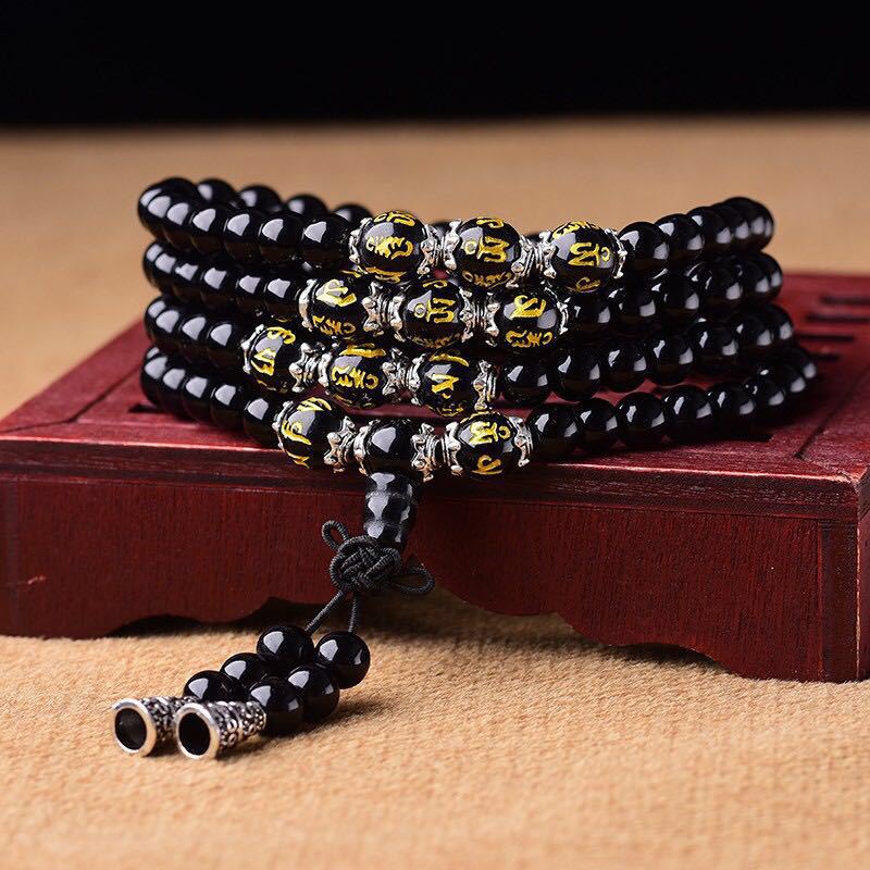 Obsidian synthetic bracelet, 108 Buddhist prayer beads, multi-loop bracelet, six-character mantra, tiger's eye stone, couple accessories for men and women