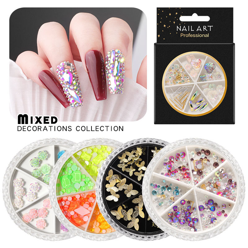 Wholesale of cross-border nail art accessories, AB rhinestones, rivets, butterflies, 6-compartment mixed matching, turntable accessories, mixed matching, sequins full figure