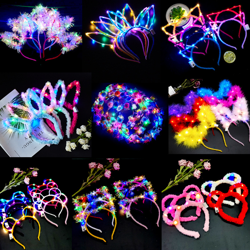 Night market children's luminous toys, glittering headwear, garlands, cat ears, rabbit ears, hair bands, ground promotion, QR code scanning small gifts