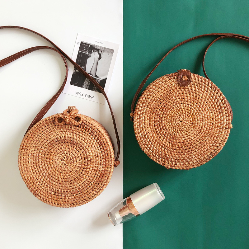 New Bali Rattan Woven Bag Vintage Grass Woven Beach Travel Crossbody Bag Hand-Made Brown Woven Bag Specification drawing