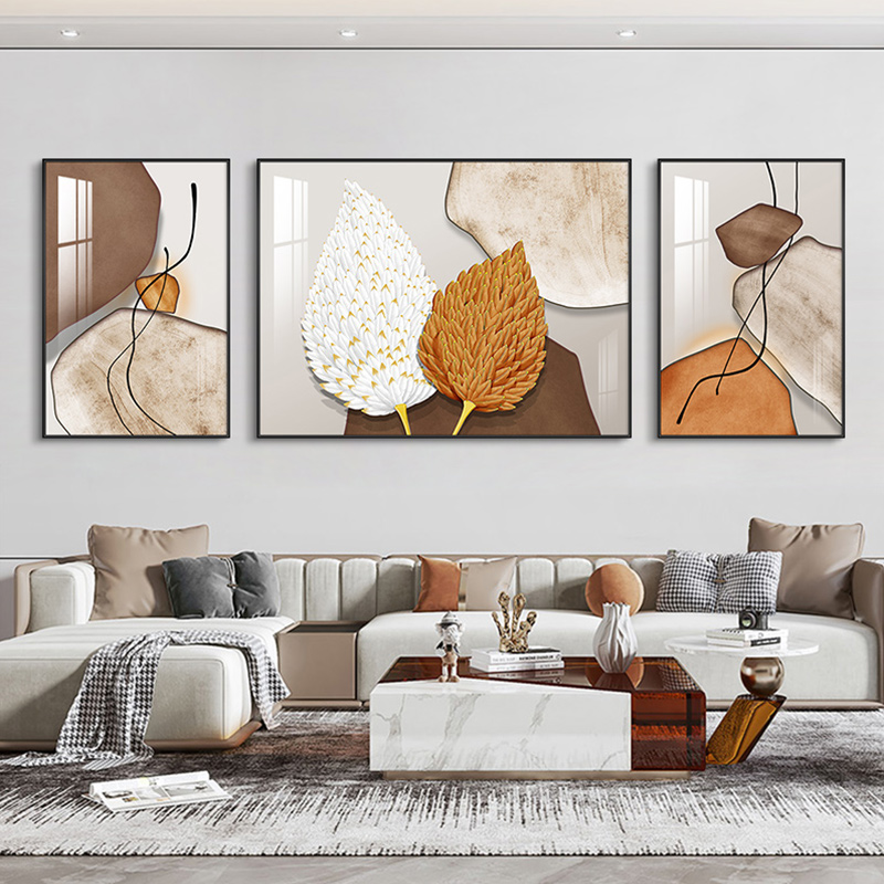 客厅装饰画现代简约抽象三联壁画轻奢羽毛沙发背景墙挂画卧室墙画图