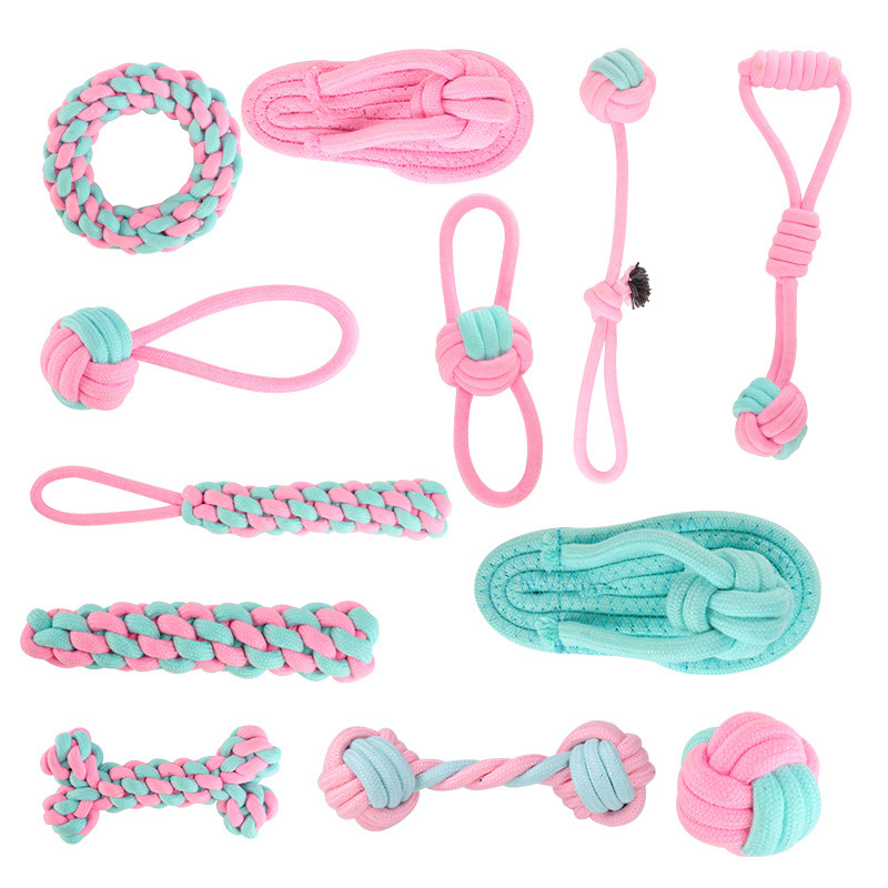 The manufacturer has a new type of pink and blue pet cotton rope knot toy set, a durable teething dog toy, and pet toys in stock Item Picture