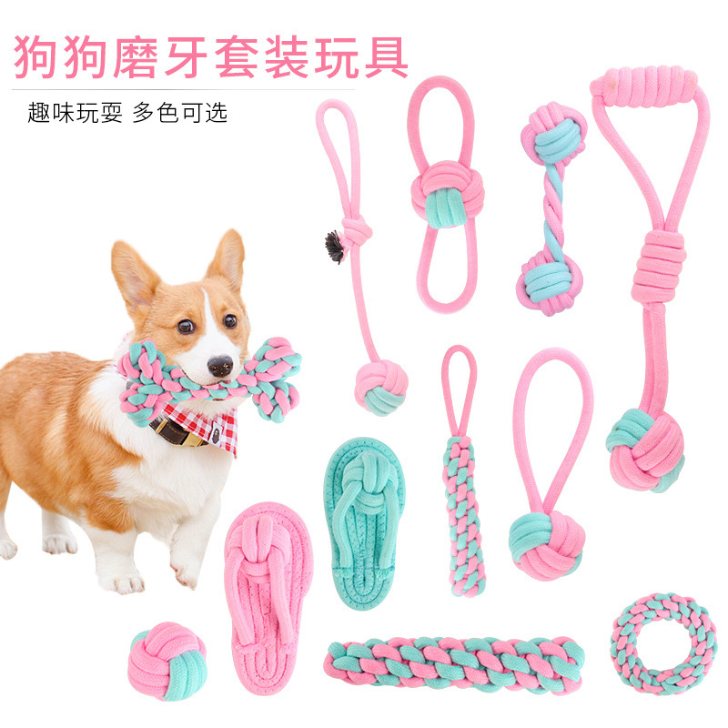 The manufacturer has a new type of pink and blue pet cotton rope knot toy set, a durable teething dog toy, and pet toys in stock