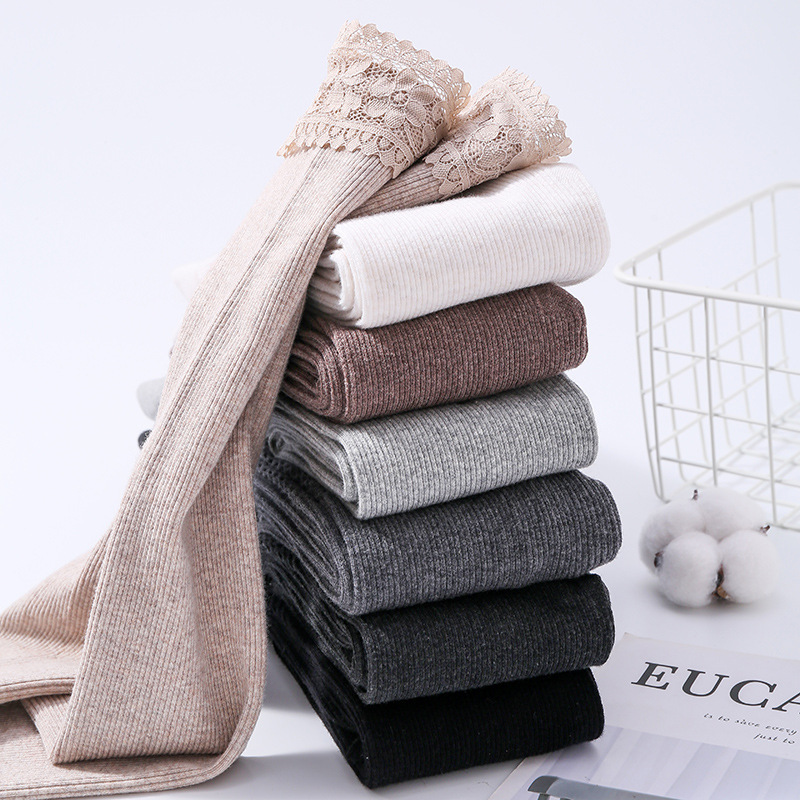 Spring And Autumn New Lace Lace Leggings Korean Version Of Knitted Vertical Stripe Nine-Point Pants Micro-Pressure Slimming Pantyhose details Picture