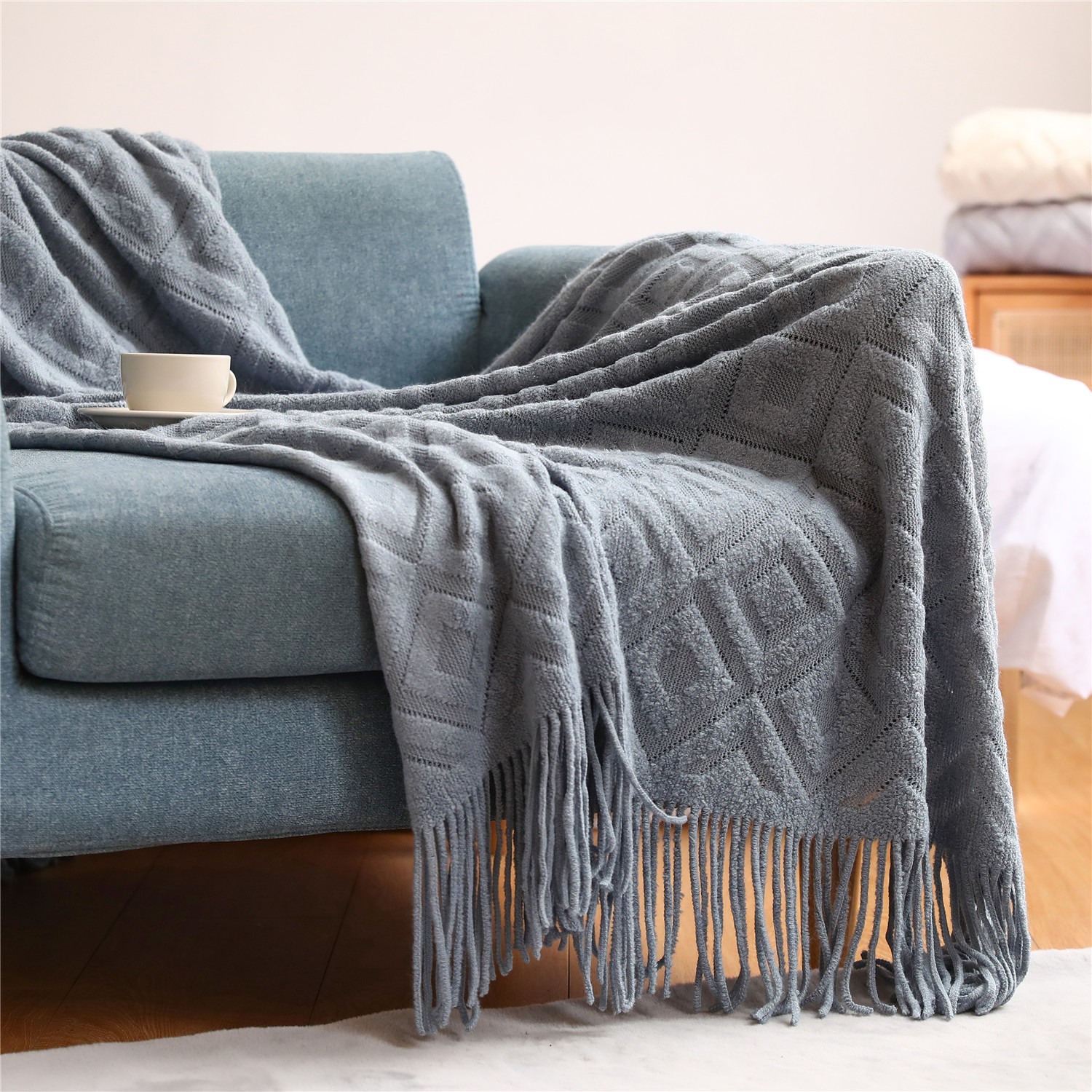 沙发毯盖毯毛毯 针织毯办公室午睡毯提花小毯子美式搭毯线毯细节图