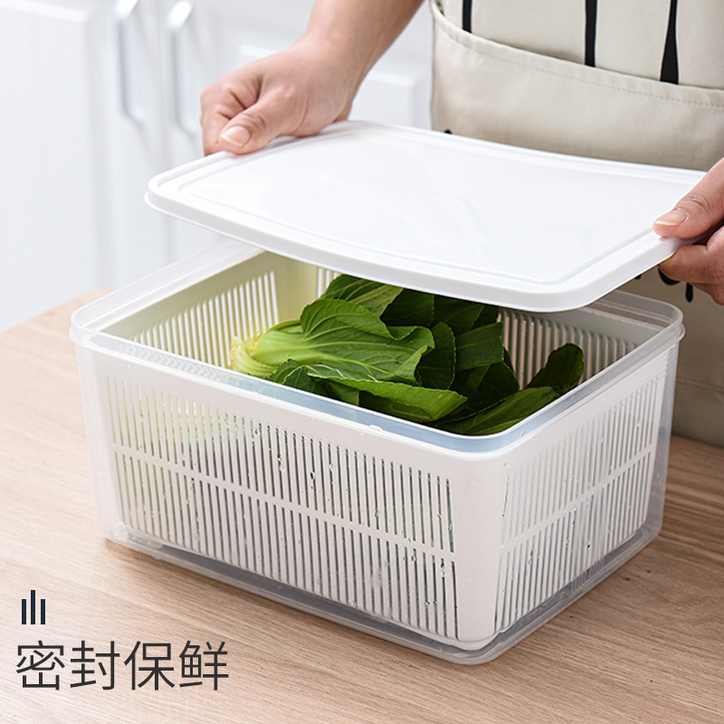 Kitchen refrigerator draining and preservation box, plastic fruit storage, creative multi-functional double-layer draining basket with lid details Picture