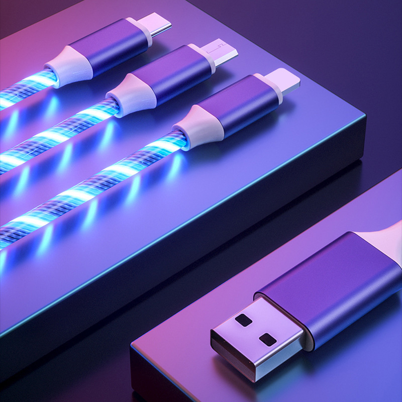 One drag three streams data cable is suitable for fast charging of Apple and Android Type-C mobile phones. It is a three-in-one running light that emits light Specification image