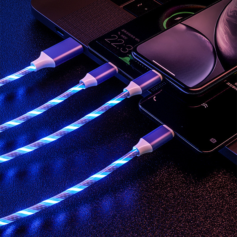 One drag three streams data cable is suitable for fast charging of Apple and Android Type-C mobile phones. It is a three-in-one running light that emits light Application Scenario