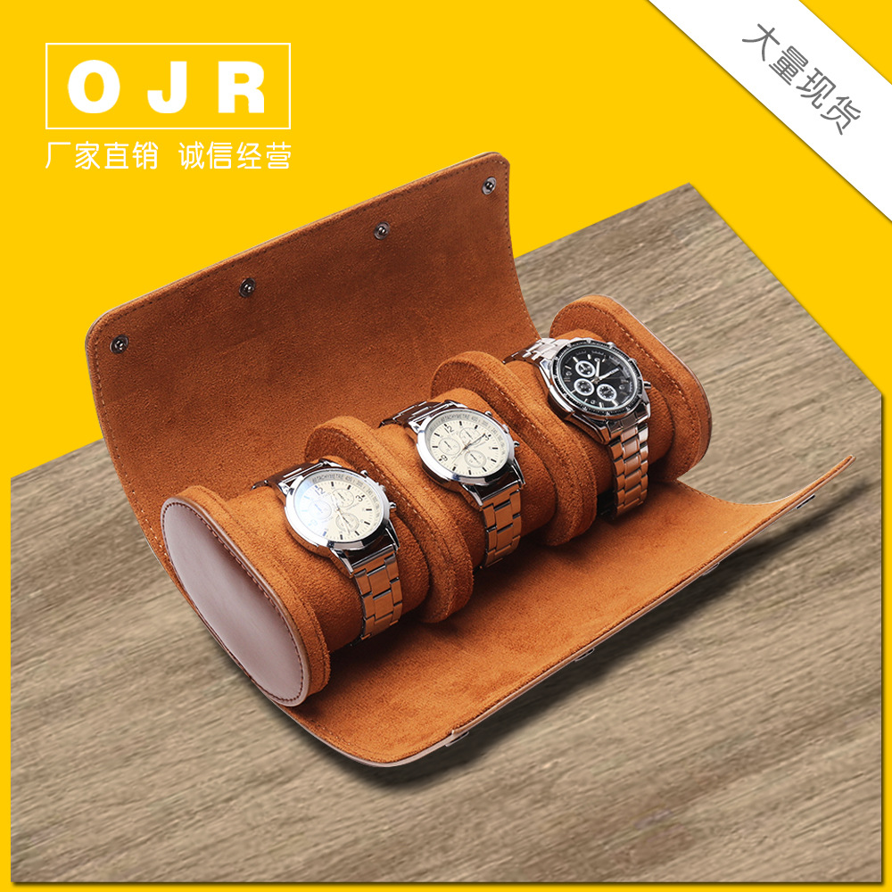 Amazon's best-selling cylindrical pu leather three-piece display travel multi-functional storage packaging watch box is in stock