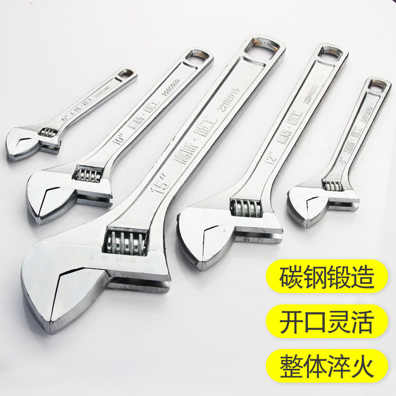 The manufacturer offers 6-24 inch adjustable wrenches with scale, fully quenched 12-inch chrome-plated adjustable wrenches and hand wrenches