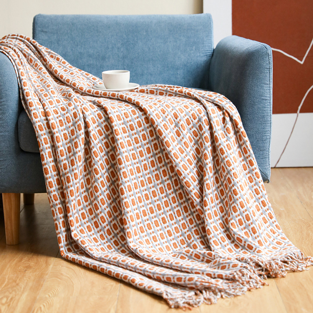 沙发毯针织毯 千鸟格流苏毛线毯子小毛毯 夏季梭织毯美式线毯批发产品图