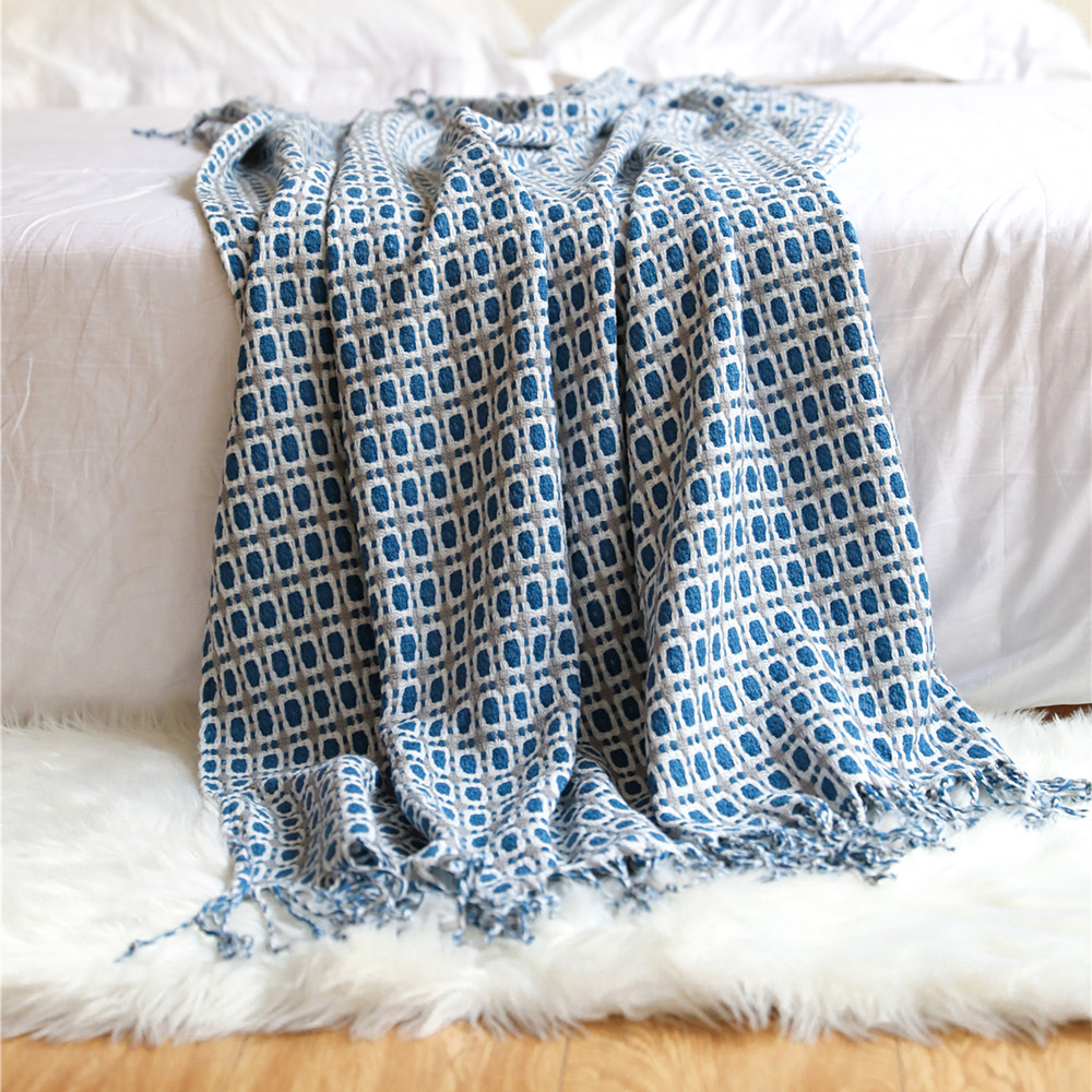 沙发毯针织毯 千鸟格流苏毛线毯子小毛毯 夏季梭织毯美式线毯批发细节图