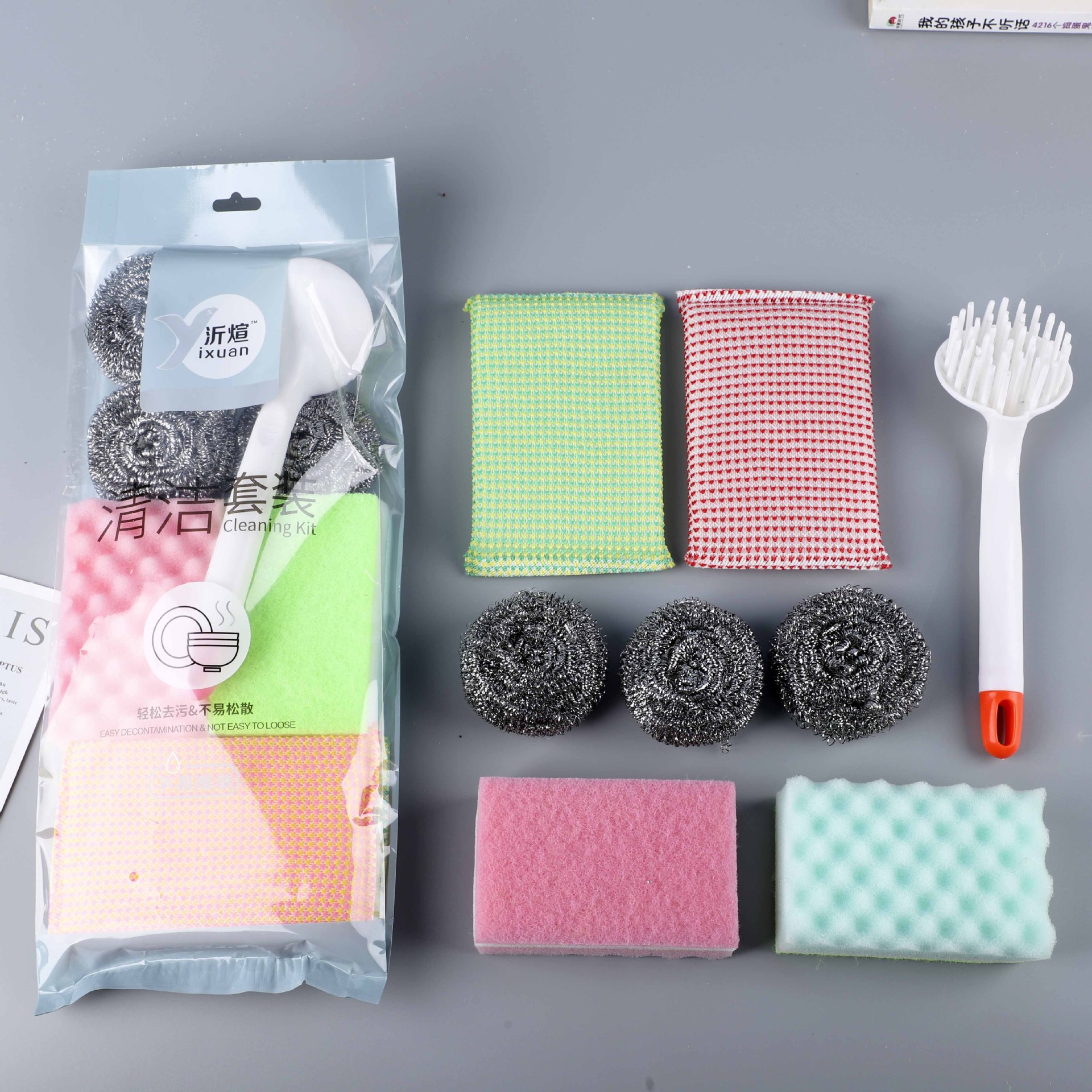 Esponja wipe set de 8 piezas esponja de lavar platos wipe brush big king wire ball set combinado de bolas de limpieza de cocina details Picture