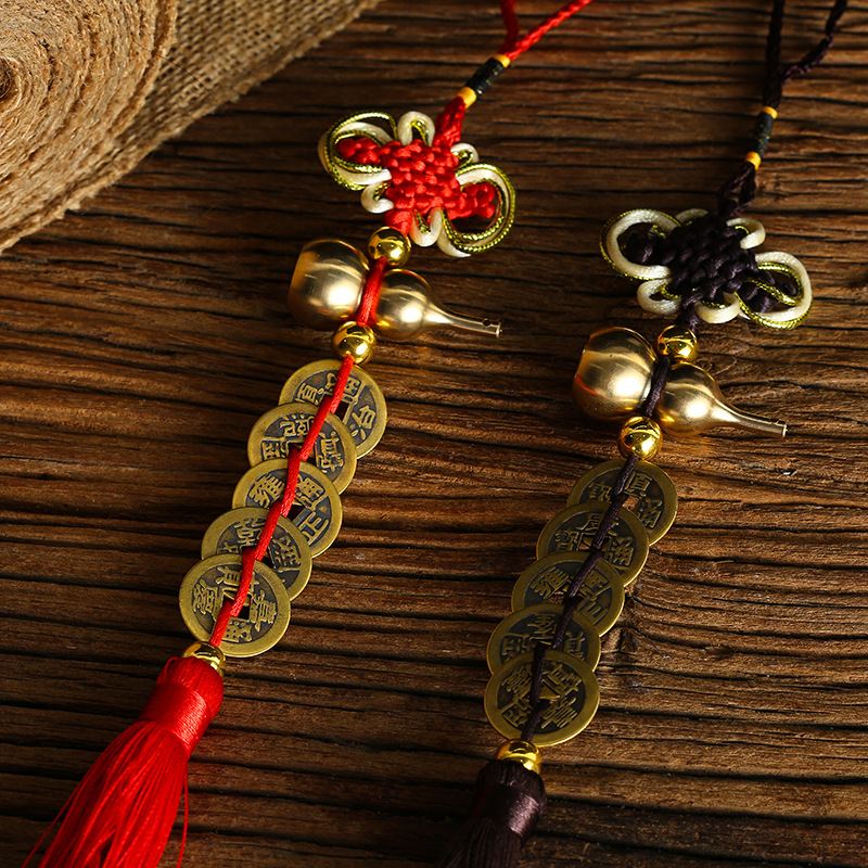 国潮仿古五帝铜钱车挂中国结铜葫芦汽车挂件车载高档内饰汽车用品吊坠