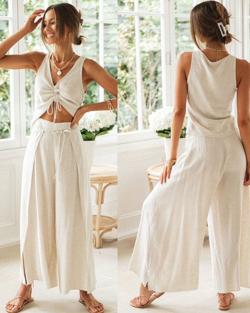2022 Cross-border New Women's fashion solid color drawstring short-sleeved top wide-leg slit long pants two-piece set Application Scenario