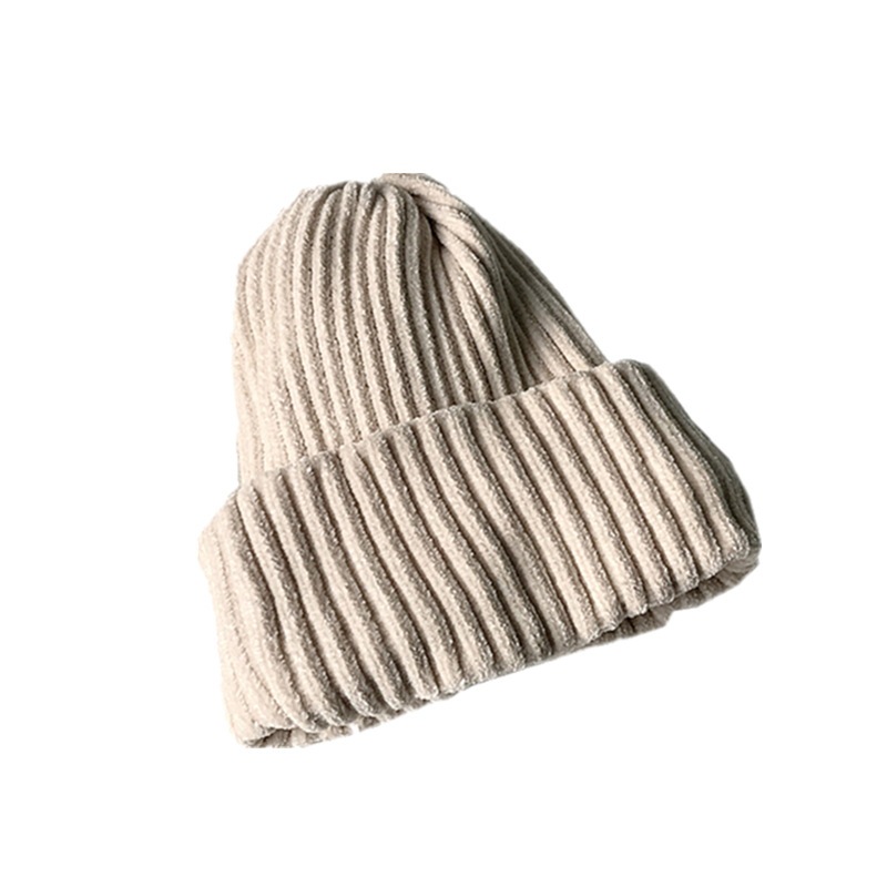 A thick corduroy knitted hat for women in winter, a versatile and casual double-layer thickened warm pullover hat, a Korean-style solid-color woolen hat Item Picture