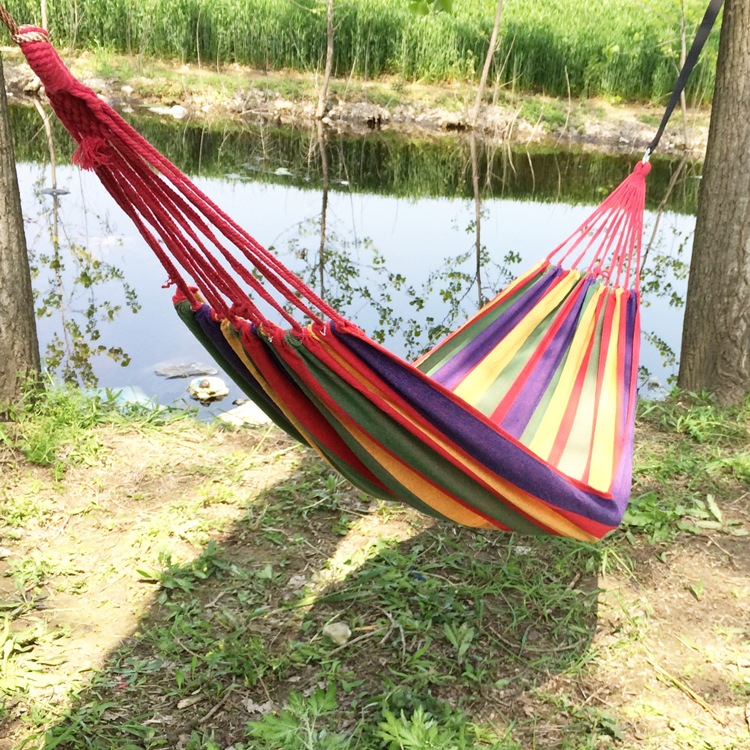 24-hour delivery for regular customers: Outdoor canvas hammocks, swings, single and double people, colorful strips, outdoor curved rods, polyester-cotton hammocks, anti-rollover details Picture