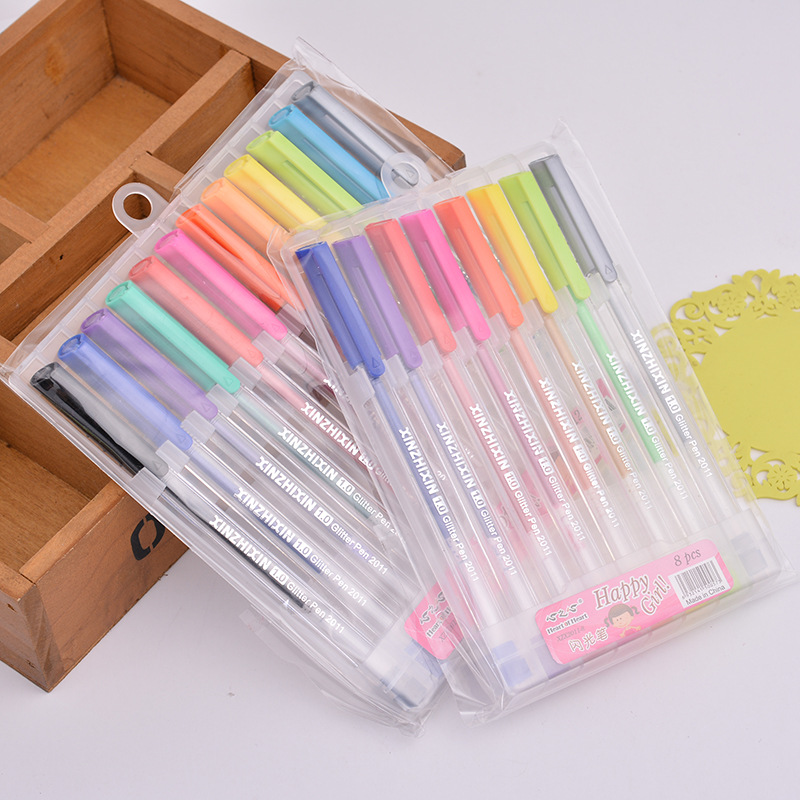 十二色彩色中性笔学生礼品 闪光 三角杆插套中性笔多色荧光中性笔