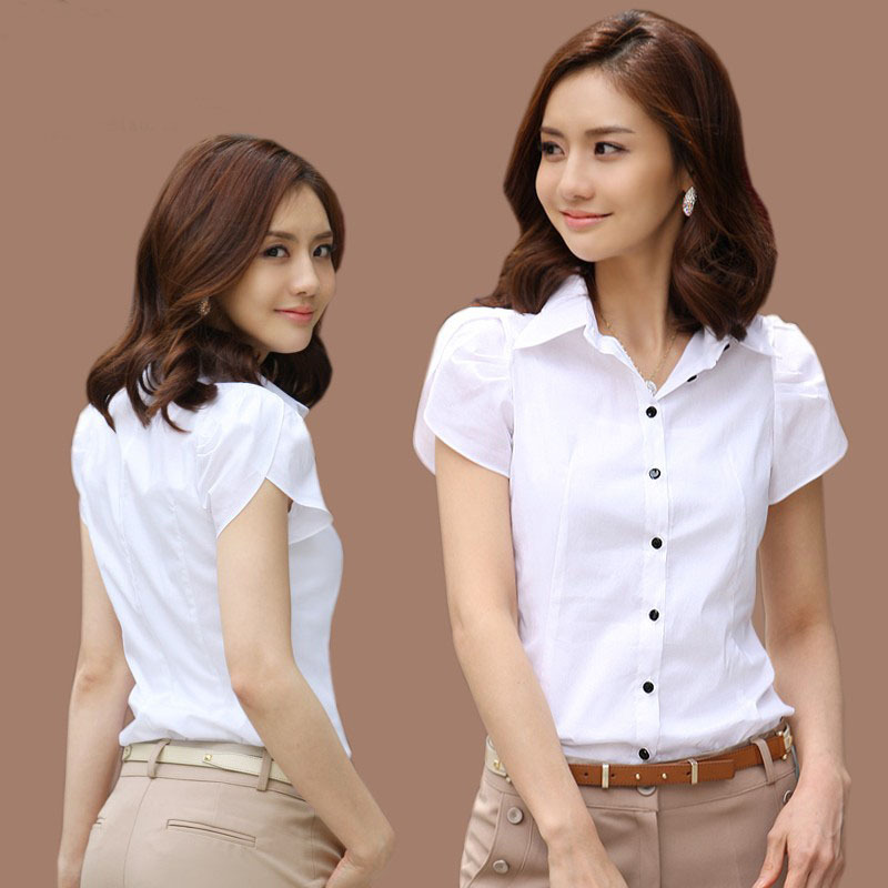 女式衬衫女夏季短袖职业装韩版荷叶边修身棉衬衣白衬衫高级感通勤