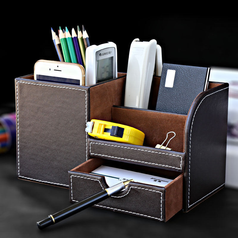 High-end leather pen holder, light luxury, creative and fashionable student desktop office stationery storage box, drawer-style storage pen holder