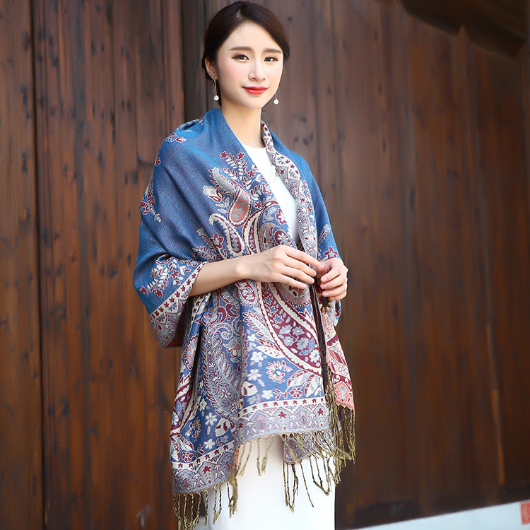 New national trend ethnic-style warm and retro shawl scarf, women's winter silk scarf, jacquard air-conditioned scarf, autumn and winter scarf Specification image