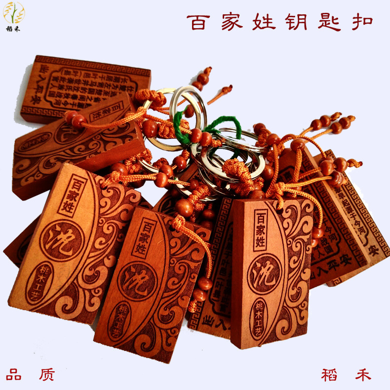 "Hundred Family Surnames keychains, tourist handicrafts, night market street stalls, wooden surname keychains, 2-yuan store supplies. Application Scenario