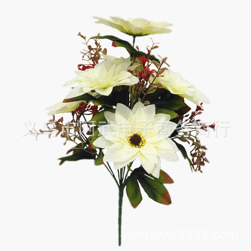 Factory direct sales of cross-border artificial flowers for home and garden decoration, flower room interior and exterior decoration, flower arrangements, 12 pieces of Christmas chrysanthemums details Picture