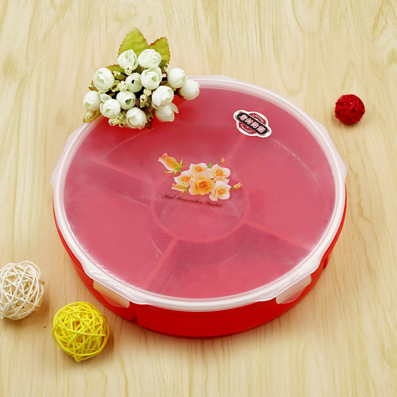Fruit plate, circular compartments with LIDS, nut box, candy box, sunflower seed plate, dried fruit plate, living room household snacks details Picture