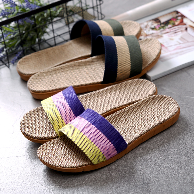 Linen slippers, home couple indoor slippers, wooden floor cotton and linen home anti-slip thick-soled summer cool slippers for men and women