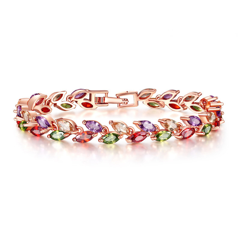 Seven-color crystal willow leaf bracelet, European and American bracelet accessories, fashionable copper zircon bracelet wholesale, wish Hot sale