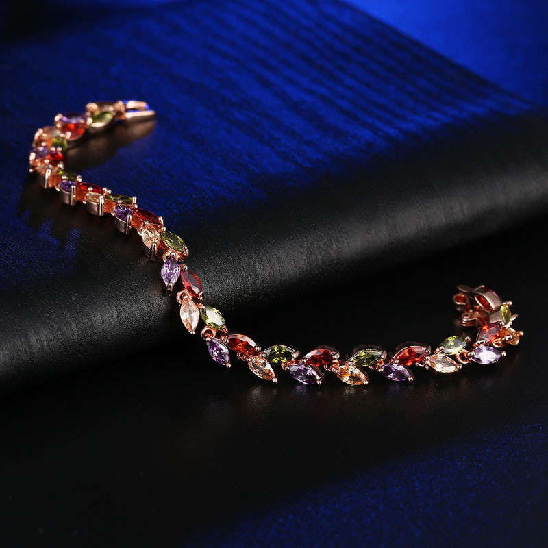 Seven-color crystal willow leaf bracelet, European and American bracelet accessories, fashionable copper zircon bracelet wholesale, wish Hot sale details Picture