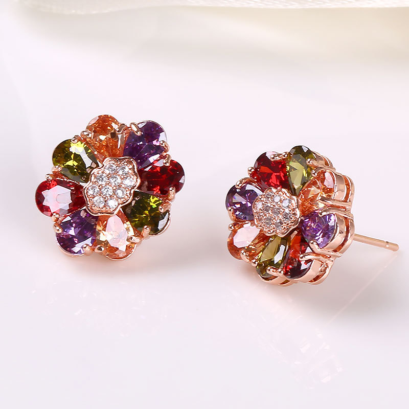 Kashi Cross-border Jewelry wish Stud Earrings, colorful zircon stud earrings, Mona Lisa Seven-color crystal copper gold-plated stud earrings for women Application Scenario