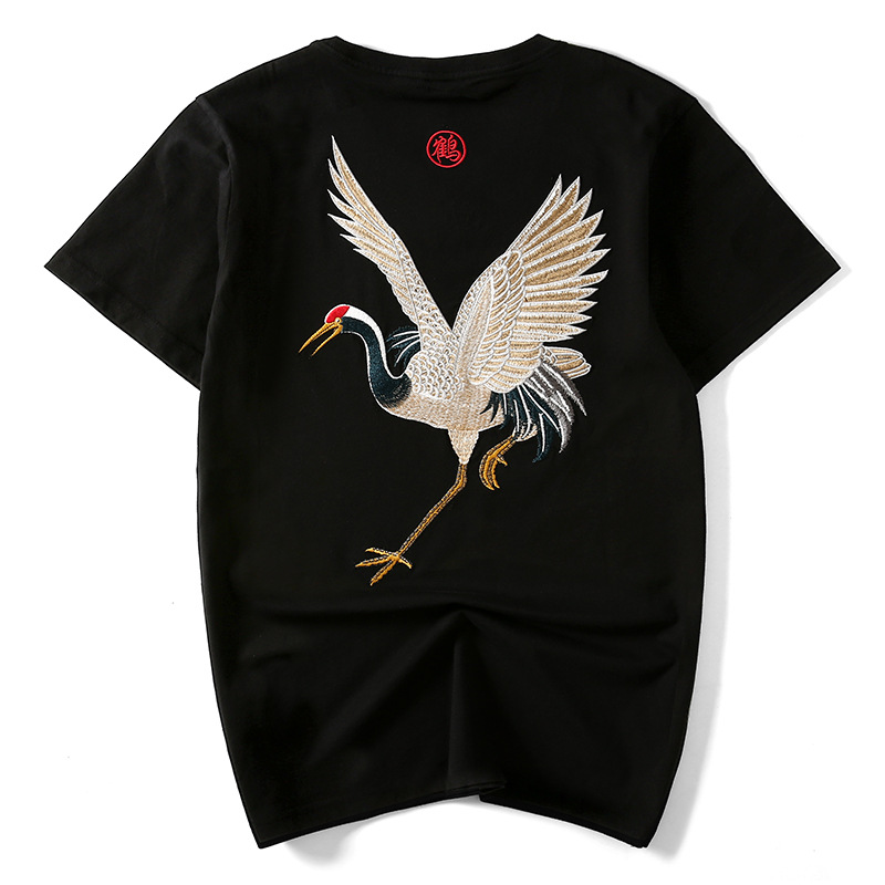 Summer new Chinese trend brand retro ethnic style pure cotton embroidered crane men's short-sleeved T-shirt, loose for men Item Picture