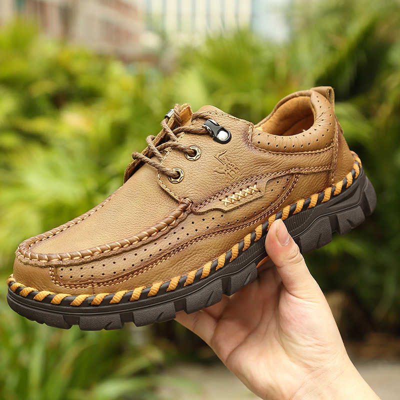 Hecho a mano zapatos de cuero de alta calidad para hombres tendencia nuevo cuero genuino capa de cabeza cuero de vaca casual otoño cabeza redonda transpirable inglés europeo y americano details Picture