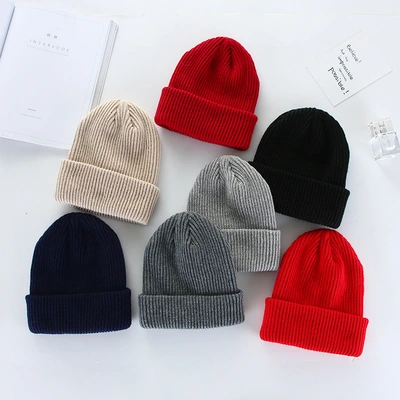 Winter warm, thickened, versatile European and American domed knitted hat, rolled-up fashionable hat, solid-color pullover adult woolen hat thumbnail