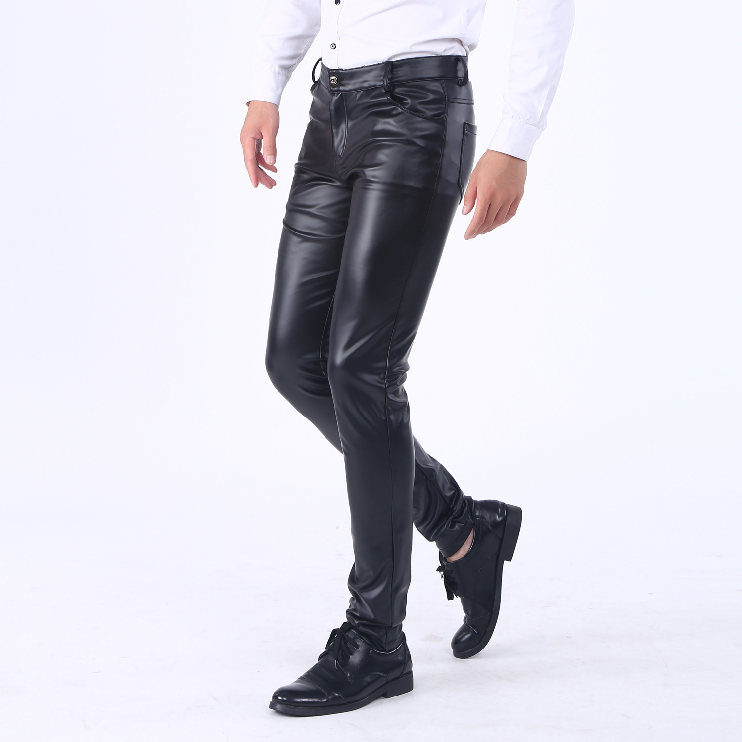 Spring and autumn Korean-style slim-fit leather pants, men's skinny pants, tight stretch trendy motorcycle leather pants, men's fleece long pants