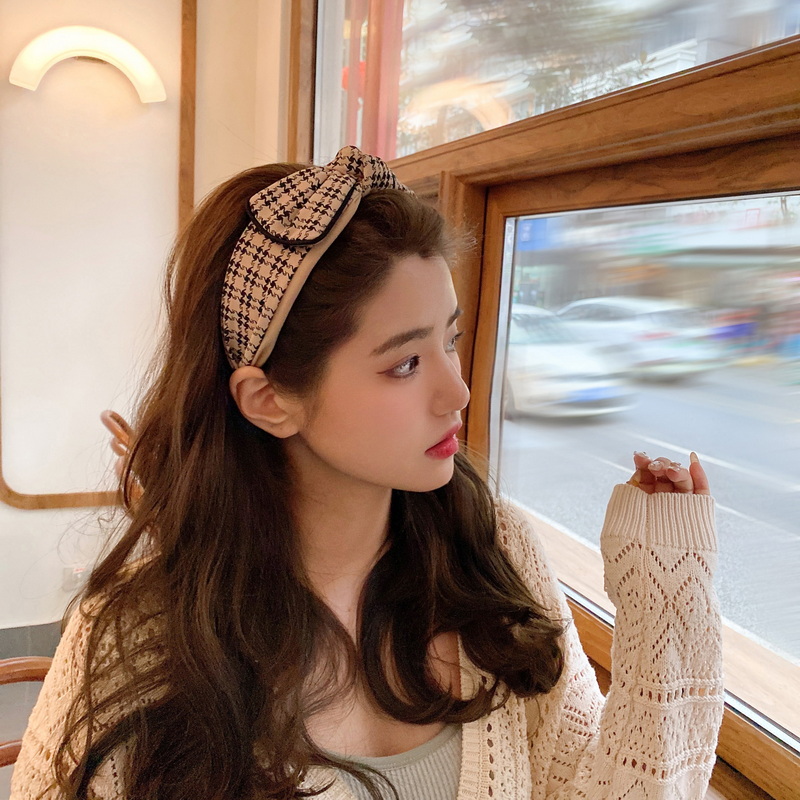韩国网红发卡发箍复古小香风发带女气质法式宽边千鸟格蝴蝶结头箍                              