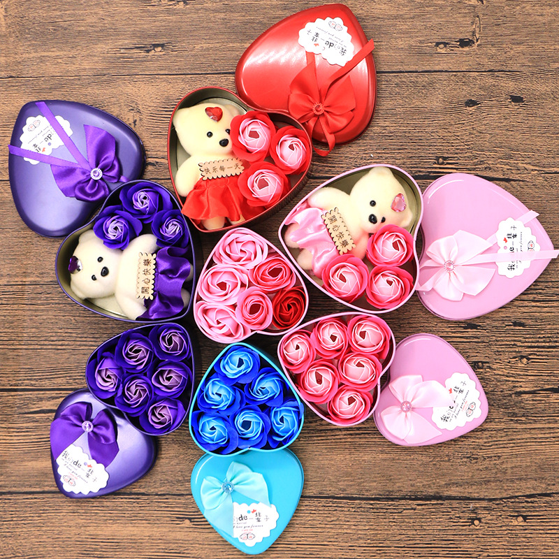 Soap flower gift box Valentine gift Christmas creative gift Bear rose heart iron box wholesale