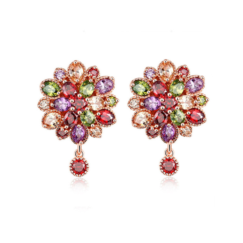 Kashi Accessories European and American Mona Lisa stud earrings, colorful Dragon Lady flower stud earrings, Zircon bride flower earrings and earrings