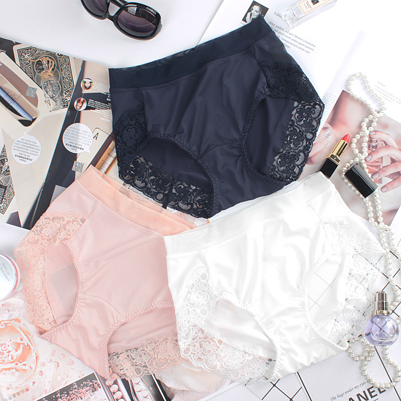 Wholesale of large-sized Japanese-style milk silk underwear for women, high-waisted, smooth and sexy lace ice silk seamless, chubby triangle pants Item Picture
