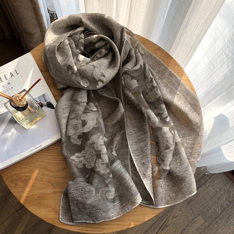 Organza Foreign Trade Scarf Women Spring And Summer New Imitation Silk Dirty Dye Cut Flowers Thin Amazon Scarf Sun Protection Cape Specification drawing