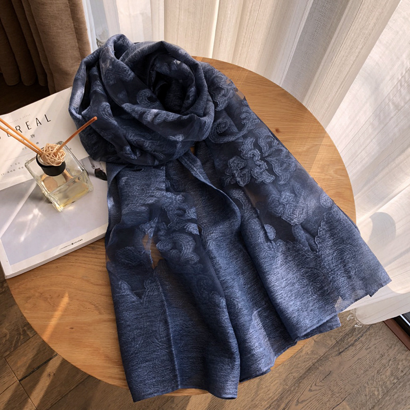 Organza Foreign Trade Scarf Women Spring And Summer New Imitation Silk Dirty Dye Cut Flowers Thin Amazon Scarf Sun Protection Cape details Picture