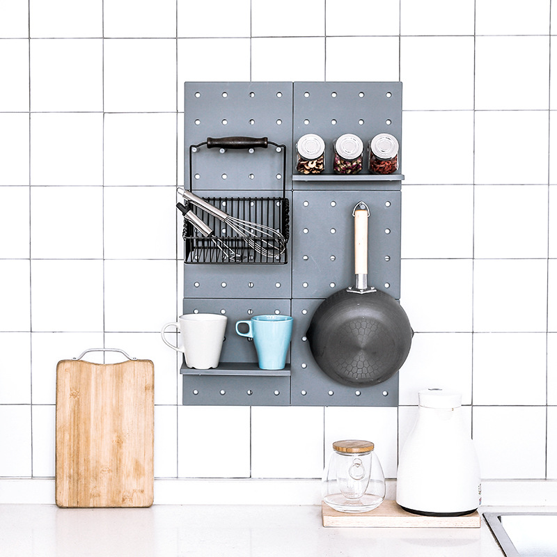 Simple plastic perforated board set for living room, kitchen, wall, bedroom storage, wall partition, and home wall-mounted storage rack details Picture