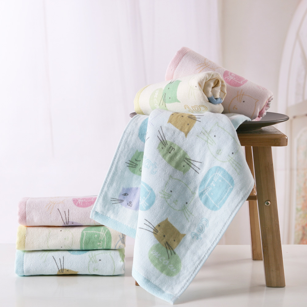 Class a pure cotton untwisted double-layer satin, 52*28 small towel, gauze, children's face towel, red and yellow details Picture
